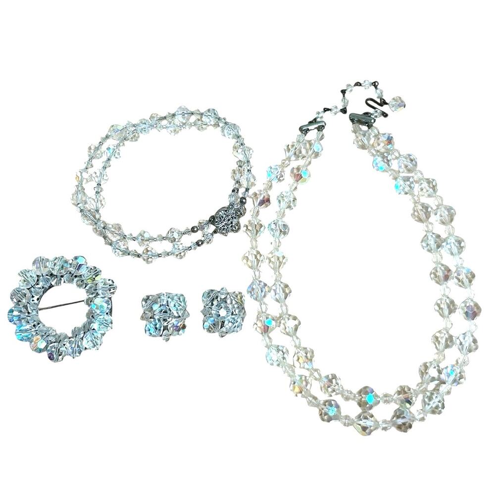 Vintage AB Aurora Borealis Beaded Jewelry Lot Necklace Bracelet Earrings Brooch